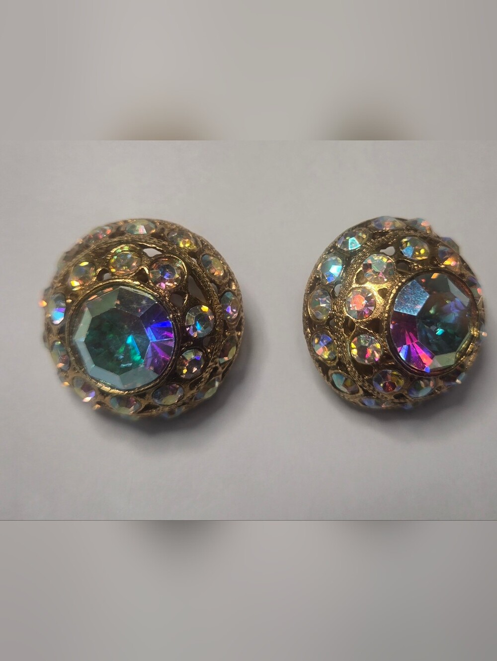 Vintage Signed Graziano 1980's Dome Aurora Borealis Gold-Tone Clip On Earrings